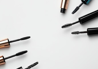 Various mascara tubes arranged artistically on a clean background