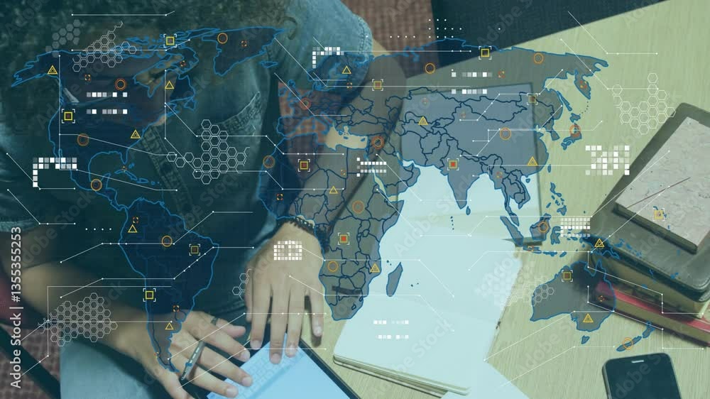 Poster person using tablet with world map and data processing animation overlay