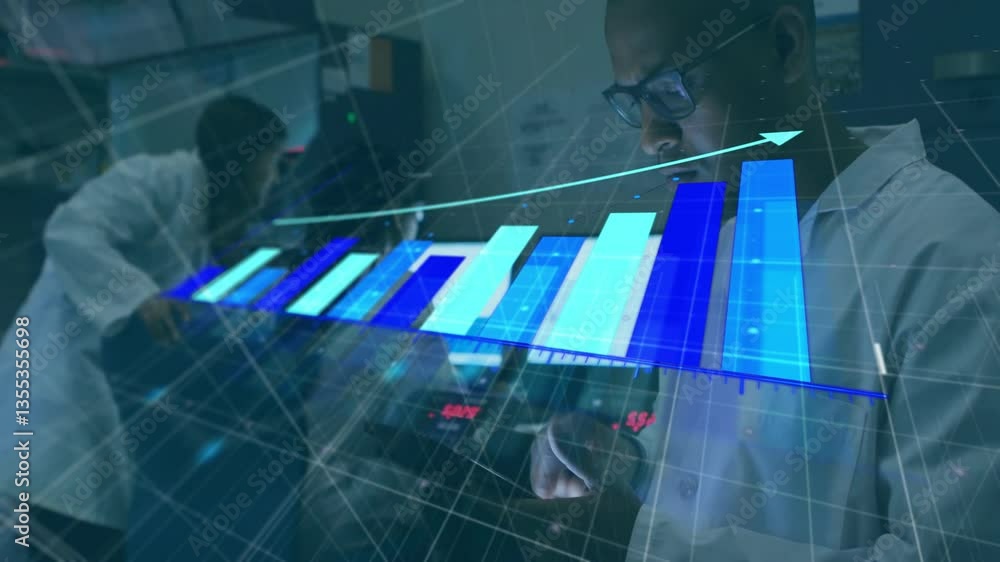 Aufkleber scientists analyzing data with bar graph animation overlay in laboratory setting