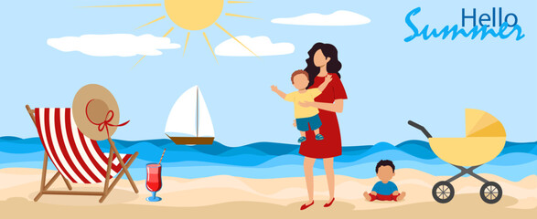A family enjoys a sunny summer day on the beach, with a mother holding a child, a baby in a stroller, and beach chairs nearby. Refreshing drinks and a sailboat complete the scene