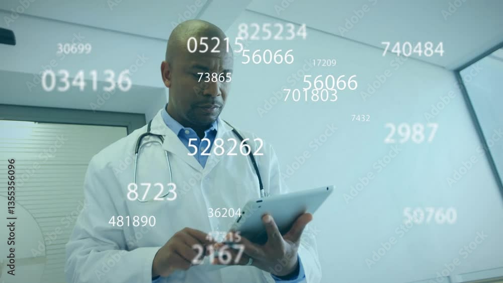 Poster doctor using tablet with floating numbers animation in hospital setting