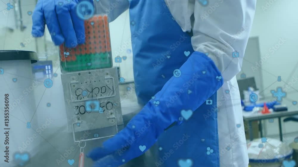 Poster handling samples, scientist in lab coat with digital animation overlay