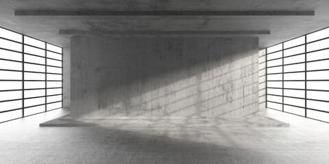 Industrial interior with concrete wall and sunlight streaming through windows. 3d render