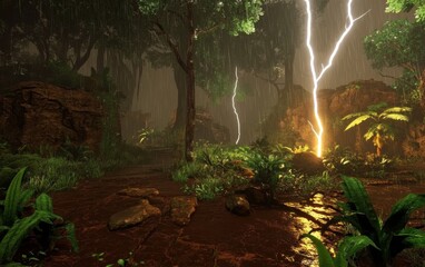 A jungle level during a thunderstorm with dramatic videogame lighting from flashes of lightning.