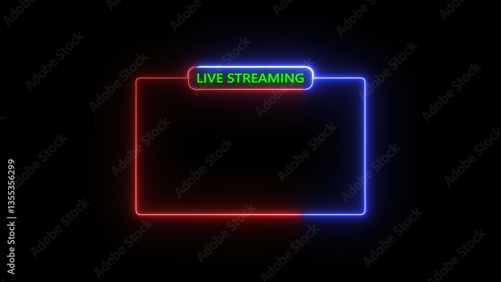 Poster a neon-style graphic featuring a rectangular frame with a glowing blue outline and a red accent. the