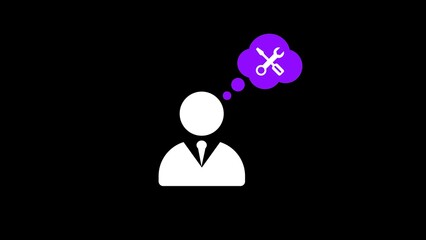 A minimalist illustration of a person in a suit with a thought bubble containing tools, symbolizing problem-solving or creativity.