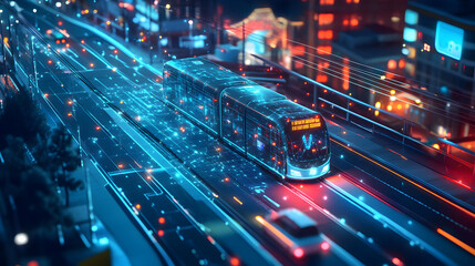 A self-learning AI predicting public transportation demands in a digital city, adjusting routes and schedules to meet real-time needs.