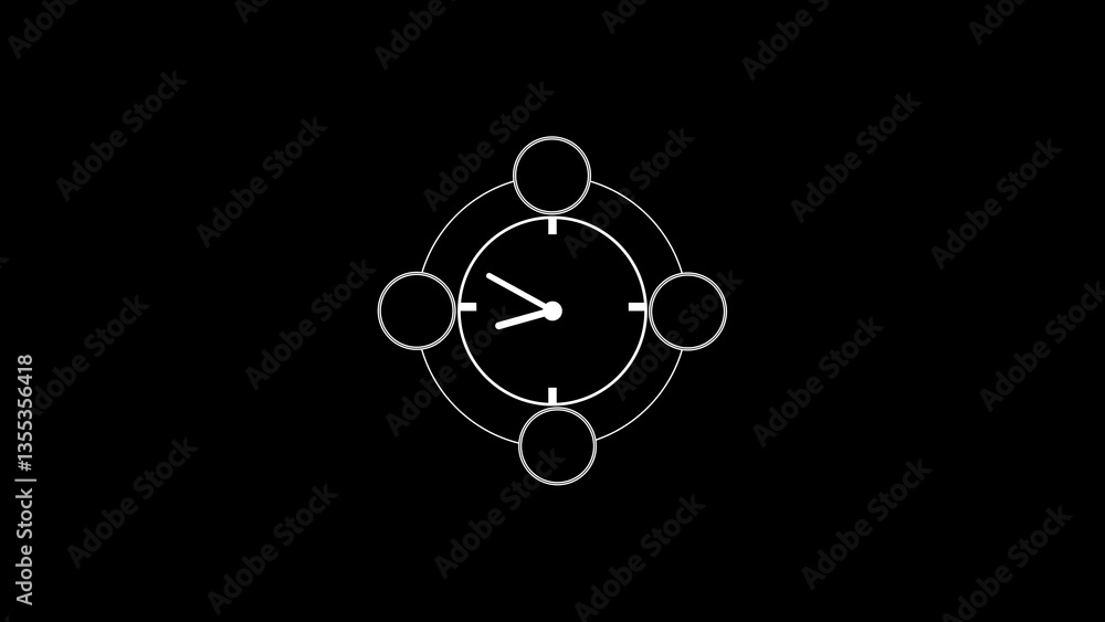 Poster a minimalist clock design featuring a central clock face with four circular elements surrounding it,