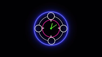 A neon-style clock design featuring a circular layout with four circles around a central clock face.