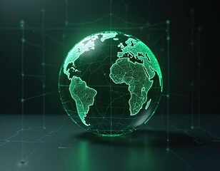 Futuristic digital globe with green network connections on dark background. Glowing earth planet sphere represents global connectivity cyber technology data visualization.