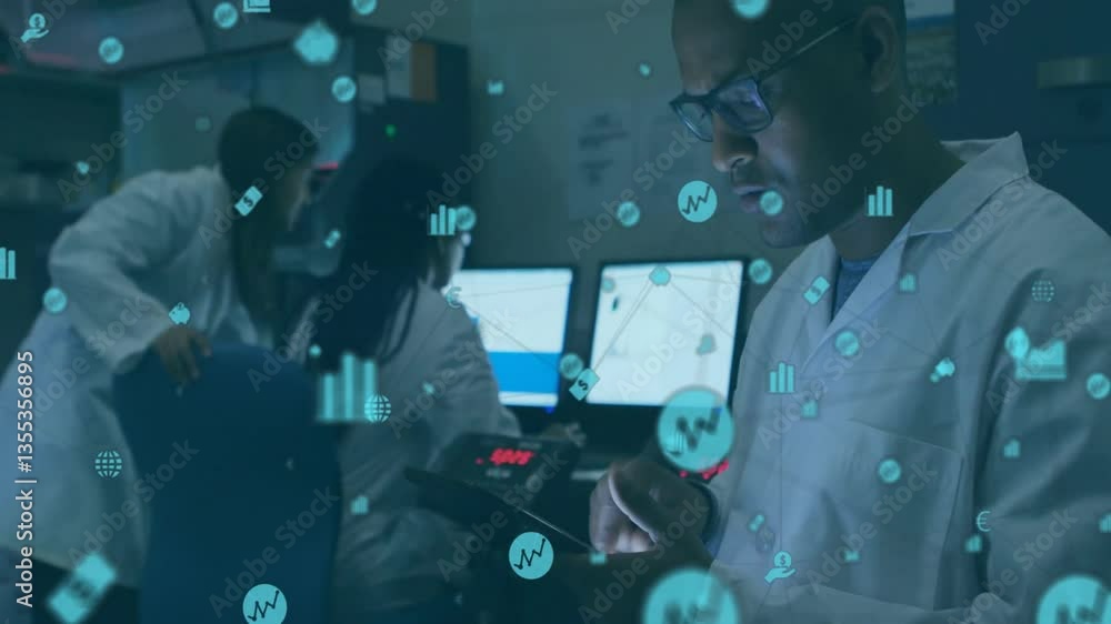 Poster scientists analyzing data with digital analytics animation overlay in laboratory