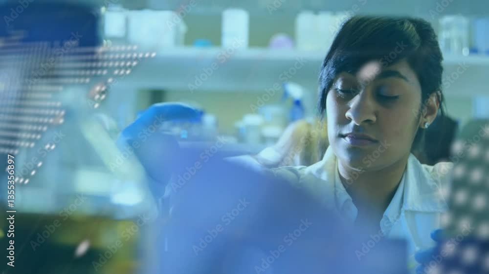 Poster in laboratory, scientist analyzing digital data with world map animation overlay