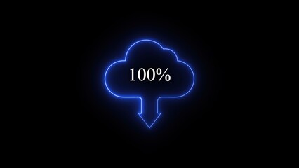 A glowing blue cloud icon with a downward arrow and the text '100%' in the center, set against a black background, symbolizing a completed download.