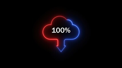 A glowing cloud icon with a downward arrow, illuminated in red and blue neon lights, displaying '100%' in the center. The background is black, enhancing the neon effect.