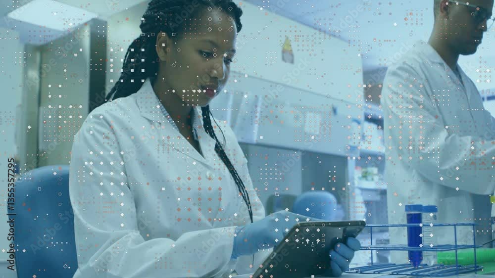 Aufkleber scientist in lab coat using tablet with data processing animation overlay