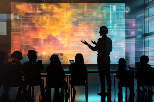 Silhouette of teacher lecturing in a classroom with futuristic projection