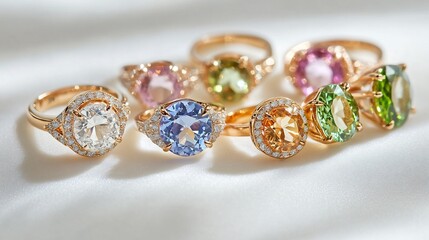 Fototapeta premium Exquisite Collection of Gemstone Rings Displayed on Silky White Fabric