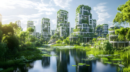 Obraz premium A self-sustaining city with AI-optimized green buildings and smart energy grids.