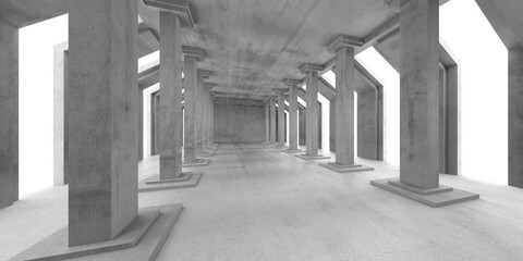 Futuristic industrial concrete hallway with symmetrical columns. 3d render