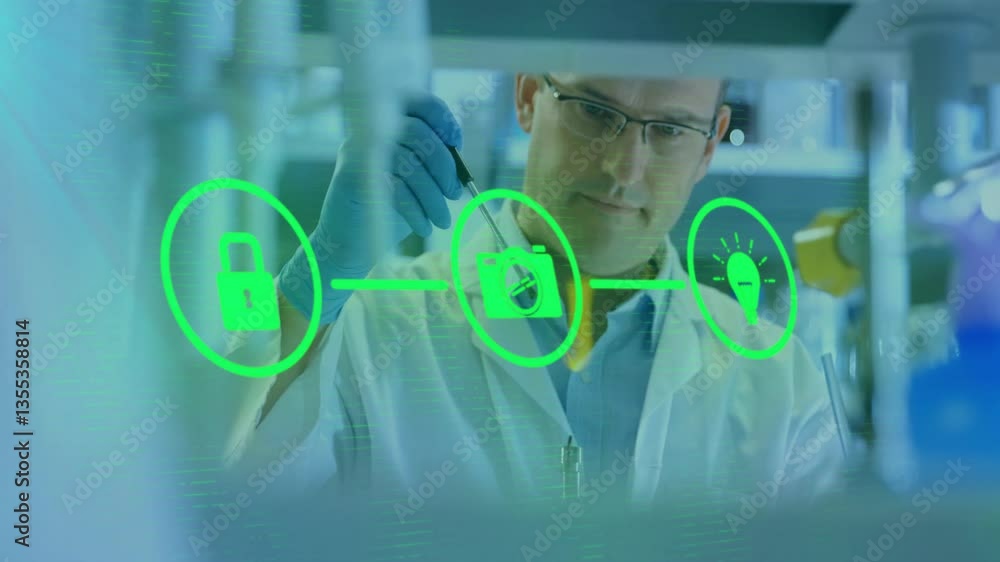 Poster in laboratory, scientist working with animation and digital security icons overlay