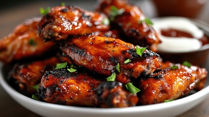 Fototapeta premium Delicious, grilled, and glazed chicken wings piled high on a plate, with a side of dipping sauce