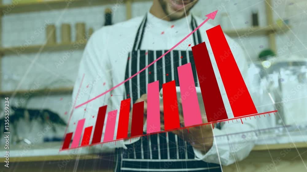 Poster barista in apron using tablet with red bar graph animation overlay