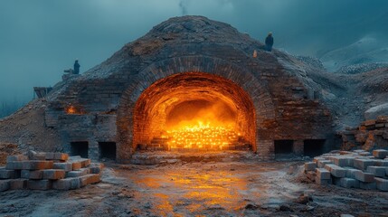 Brick kiln firing at dusk, workers on mound
