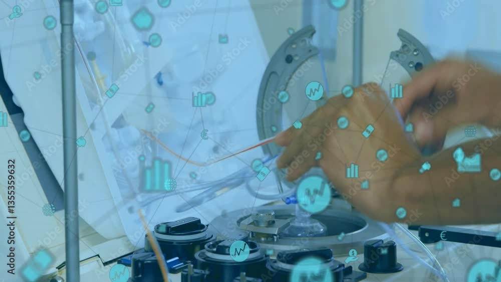 Poster scientific data processing animation over person working with laboratory equipment