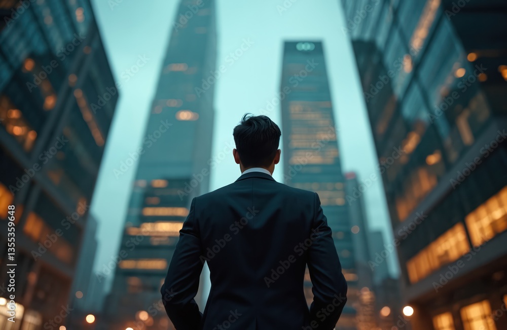 Aufkleber man in suit stands tall buildings, back view. business district with modern architecture, office sky
