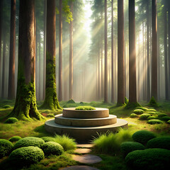 Mystical Grove: Sunlight streams through the trees onto a moss-covered stone platform, creating an enchanting, almost spiritual atmosphere in a tranquil forest setting.