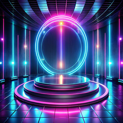 Neon Stage: A futuristic stage design with glowing neon lights and a circular platform, showcasing a vibrant display in a modern and captivating setting.