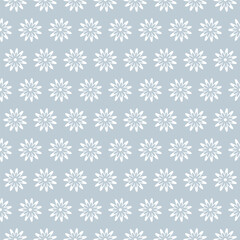 Minimalist seamless pattern with white flower on blue background. Cute simple flowers silhouette. Floral pattern for wrapping paper, invitations, stationery, packaging