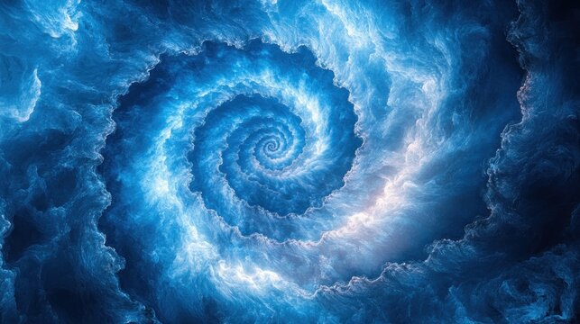 Blue spiral energy vortex in cosmic clouds, abstract background