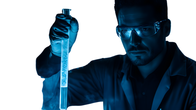 Scientist Examining Test Tube with Glowing Substance in a Dark Lab Environment