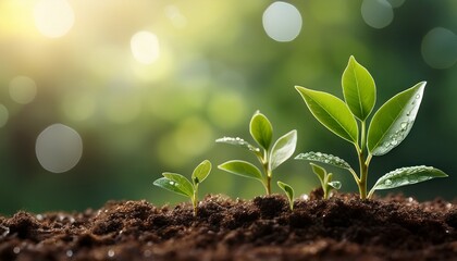 Sprouting plants emerging from the soil with water droplets on the leaves, soft green tones