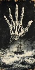 Skeletal hand looming over ship at sea