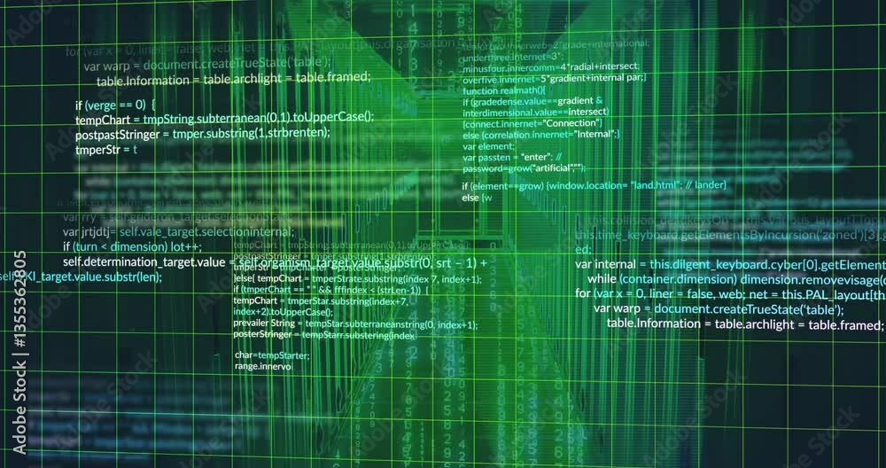 Poster green digital code and data processing animation over abstract geometric patterns