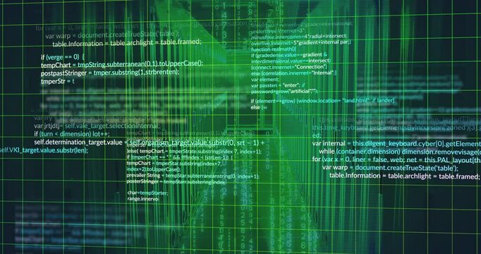 Green digital code and data processing animation over abstract geometric patterns