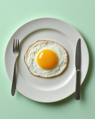 Perfectly fried egg served on a smooth white plate against a subtle mint green backdrop for a simple yet elegant breakfast