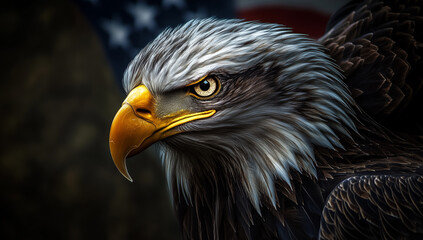 Obraz premium Majestic bald eagle with piercing gaze set against a backdrop of the American flag, embodying strength and freedom