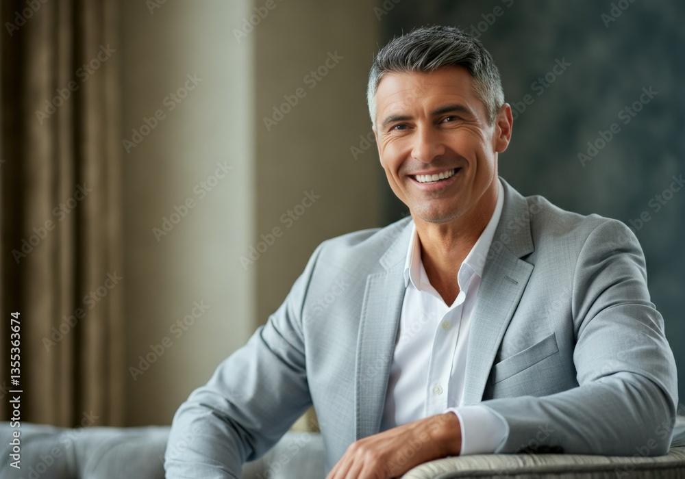 Poster confident man smiling while sitting on a stylish sofa in a modern setting