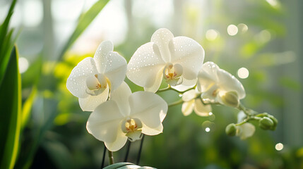 White orchids blooming in soft light with green bokeh background  