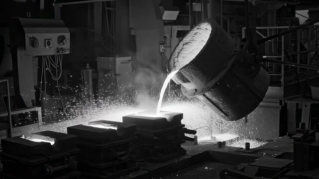 Molten metal pouring from crucible into mold at foundry. Industrial casting process captured in dramatic black and white. Metalworking and manufacturing.