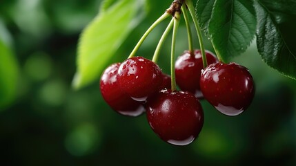 Fresh, juicy cherries on a branch.  Close-up view of plump, red cherries glistening with water droplets.  Healthy, vibrant fruit growing on a leafy green tree