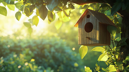 Wooden birdhouse hanging amidst lush greenery in soft sunlight  