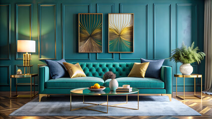 Vibrant Art Deco Living Room with Retro Furniture, Geometric Decor, and Bold Color Accents