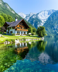Fototapeta premium Alpine lake house, mountain view, summer