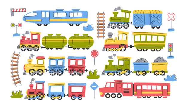 Funny trains modern and vintage railroad transport colorful childish hand drawn doodle set