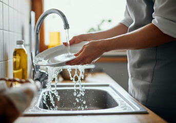 Person washing dishes in a kitchen sink, water splashing around