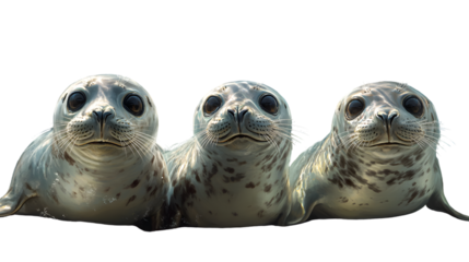 Three Adorable Seals with Expressive Eyes and Whiskers Perfect for Wildlife Nature and Anima